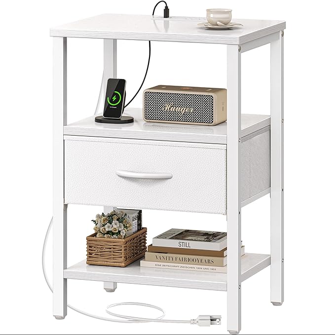 SUPERJARE Nightstand with Charging Station, Bed Side Table with Adjustable Fabric Drawer, Night Stand for Bedroom, 3-Tier Storage End Table, for Living Room, White | Night Stand for Bedroom, with Adjustable Fabric Drawer, 3-Tier Storage End Table, for ...