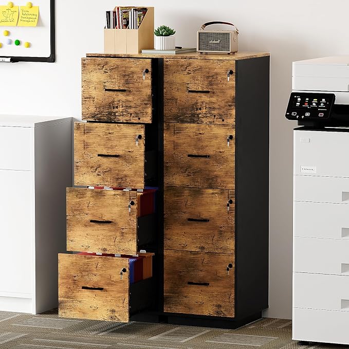 VINGLI 4 Drawer File Cabinet with Lock, Home Office Filing Organizer, for Letter Size File Folder Storage, Wood Tall Vertical Filing Cabinet, Printer Stand, Archivador (Rustic Brown)