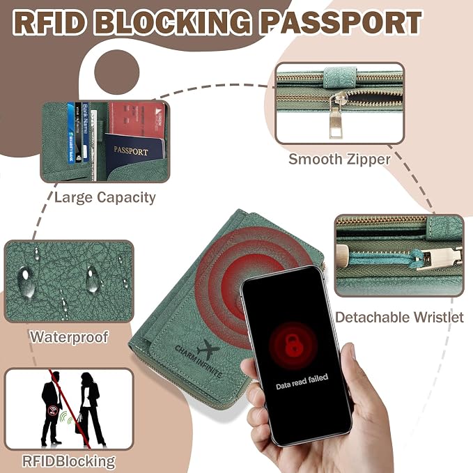 RFID Blocking Passport Wallet, Anti Theft PU Texture Passport Pouch with Tracker Case, Travel Document Organizer Zipper Wallet with Wrist Strap & Keychain, Gifts for Women and Men (Brown)