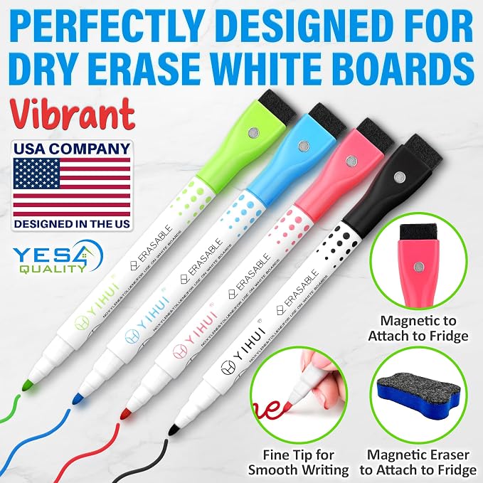 12x8” Magnetic Dry Erase Whiteboards Set for Fridge w/ 4 Markers & Eraser | Yes4Quality, 3 Multicolor White Board Sheets, Stain-Resistant, Sticks to Most Refrigerators, Colorful Markers, Magnet Eraser