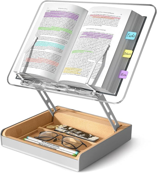 Book Stand with Storage, Book Holder for Reading Hands Free | Wooden Cookbook Stand for Kitchen Counter, Adjustable Reading Stand for Desk, Recipe Stand, Book Prop for Book Lovers -Clear