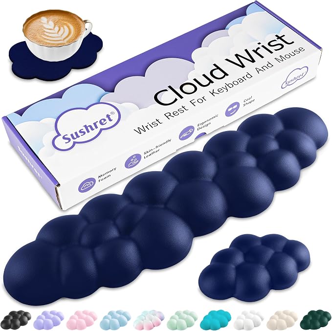 Cloud Wrist Rest Keyboard, Cloud Keyboard Wrist Pad Set with PU Leather Memory Foam, Cute Arm Rest for Palm Support, PC/Gaming Desk Accessories/Office Setup/Computer Hand Cushion - Dark Blue