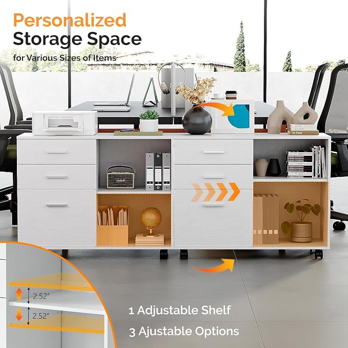 VINGLI 3 Drawer Wood Lateral File Cabinet with Adjustable Shelves & Locking Wheels, Printer Stand with Drawers for Letter Size Files, Sturdy White File Cabinets for Home Office, Study & Business