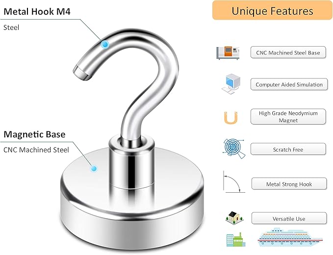 Neosmuk Magnetic Hooks, Heavy Duty 85lb+ Strong Magnet Hook for Cruise Cabins, Cruise Essentials 2026 for Hanging, Metal Wall Refrigerator Hangers (Silver, 10 Pack)
