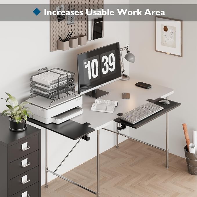 BONTEC Ergonomics Desk Extender Tray, 27.2 x 9.5 Inch, Black Carbon Fiber | 90° Foldable Keyboard Tray Platform, Table Mount Arm Rest Shelf, Clamp on Computer Arm Rest for Office Use
