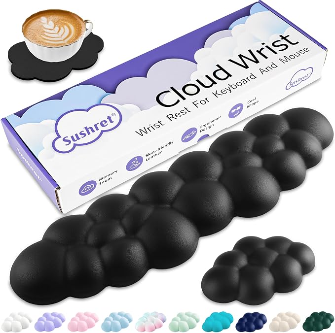 Cloud Wrist Rest Keyboard, Cloud Keyboard Wrist Pad Set with PU Leather Memory Foam, Cute Arm Rest for Palm Support, PC/Gaming Desk Accessories/Office Setup/Computer Hand Cushion - Black