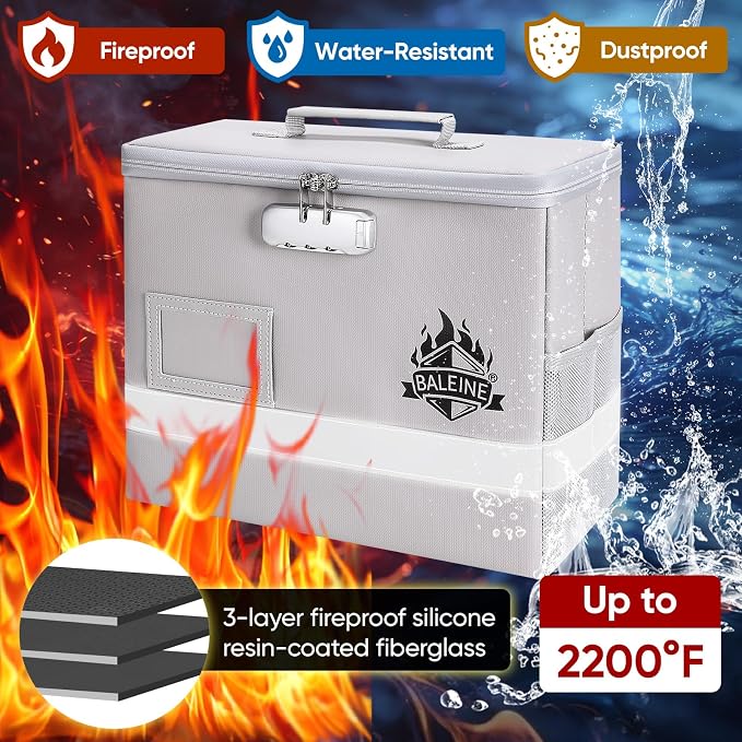 BALEINE Fireproof Document Box with Lock, Portable Fireproof Document Bag Waterproof Fire Proof File Boxes for Documents, File Organizer Box for Important Paperwork (Silver, 12.5''x10.5''x6'')