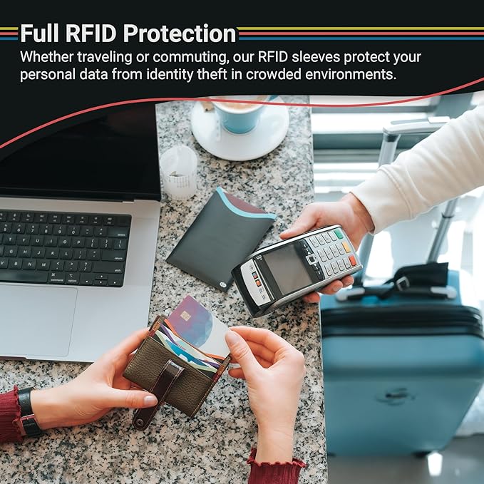RFID Blocking Sleeves for Credit Cards & Passport (14 Long Side Card & 4 Passport Sleeves) RFID Card Holder and Protector Sleeve for Credit, Passport Identity Theft Protection Travel Wallet Slim