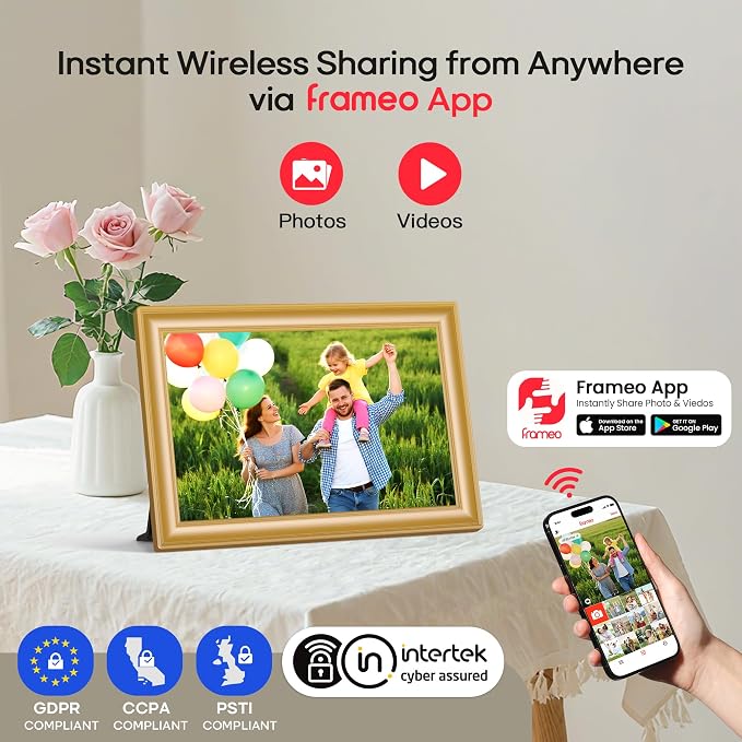 Frameo 10.1" WiFi Digital Picture Frame with 32GB Memory, 1280 x 800 IPS HD Touch Screen Electronic Photo Frame, Auto-Rotate, Slideshow, Wall Mountable, Share Photos/Video Remotely Anywhere