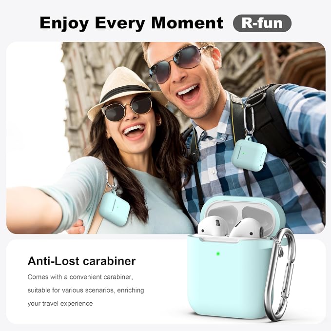 R-fun for AirPods 1/2 Case, Soft Silicone Protective Cover with Keychain and Cleaning Pen, Compatible with AirPods 2nd/1st Generation (2016/2019), Full Drop Protection Cover, Turquoise