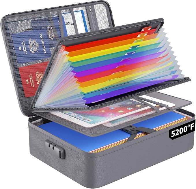 ENGPOW Fireproof File Organizer Bag with 13 Pockets Accordion File Folder | 5200℉ Document Organizer Box with Lock & Labels, Multi-Layer, Portable Home Safe Storage for Important Documents, Gray