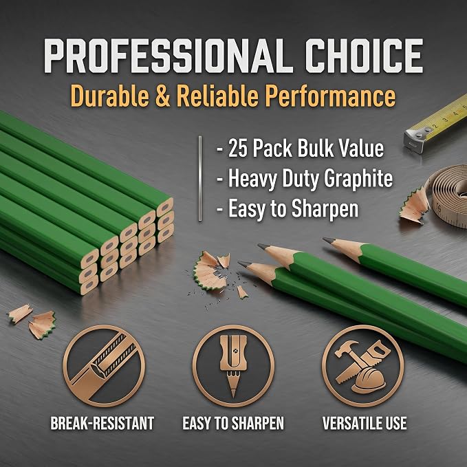 KR. LIF Construction Pencils 25 Pack, Carpenter Pencils Bulk for Carpentry Framing Marking on Wood and Job Site