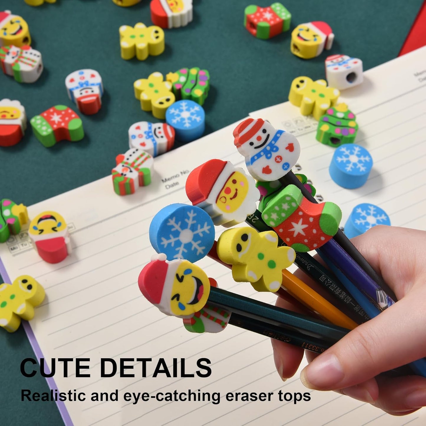 42 Pieces Christmas Pencil Top Erasers for Kids, Christmas Pencil Erasers Toppers Bulk, Cute Mini Cap Erasers for Holiday Party Favors Classroom Rewards Goodie Bags Stuffers Stocking Stuffers