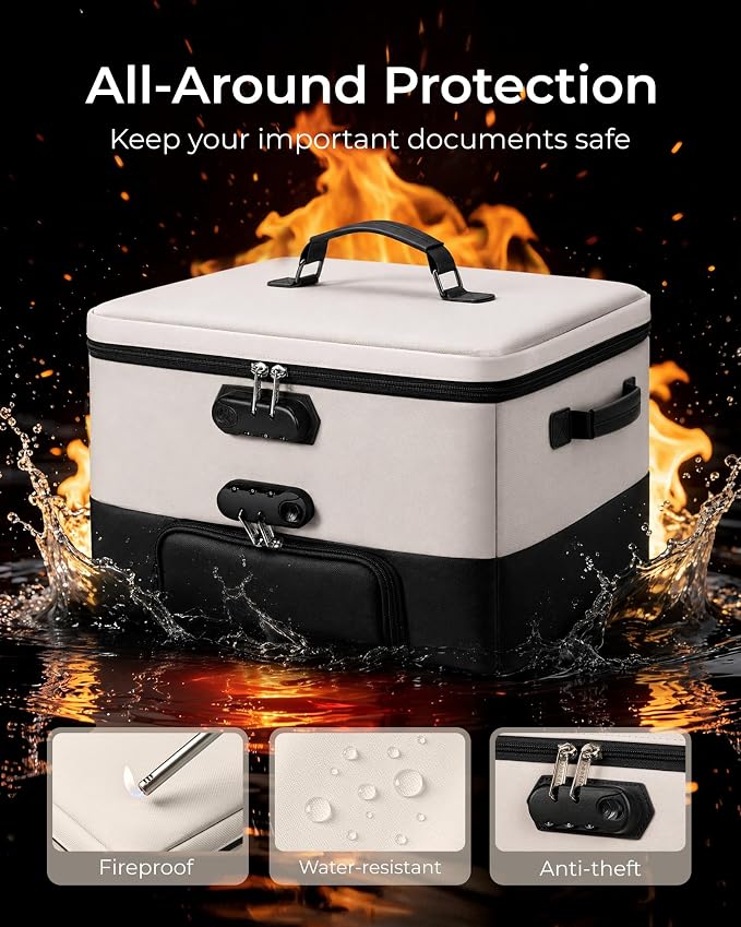 Black Fireproof Document Box with 2 Locks, 10 Hanging File Folders | Collapsible Filing Box for Next of Kin Document Safe, File Box with Hanging Folders Letter/Legal, Home Office Safe Storage