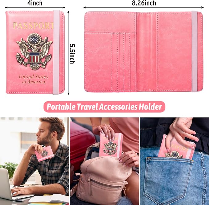 Passport Holder for Travel Women, RFID Blocking Passport Wallet Cover Case, Waterproof Leather Travel Wallet, Document Protector for Traveling Accessories-Hot Pink