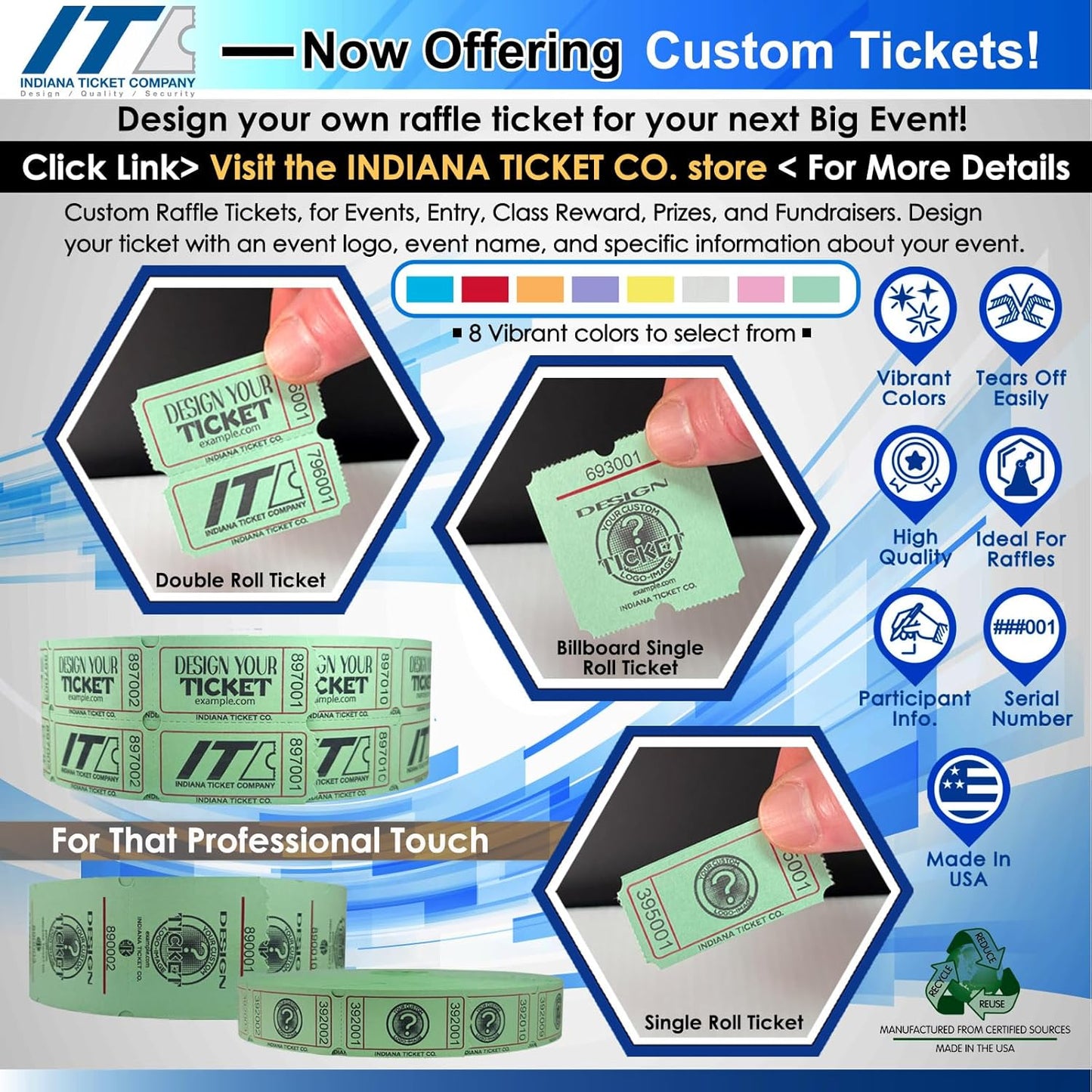 INDIANA TICKET CO. Raffle Tickets Double Roll, 5 Rolls 2,000 Tickets, 1 Roll Each Red, Blue, Green, White & Yellow, Premium Quality 50/50, Events Tickets (Pack of 5)