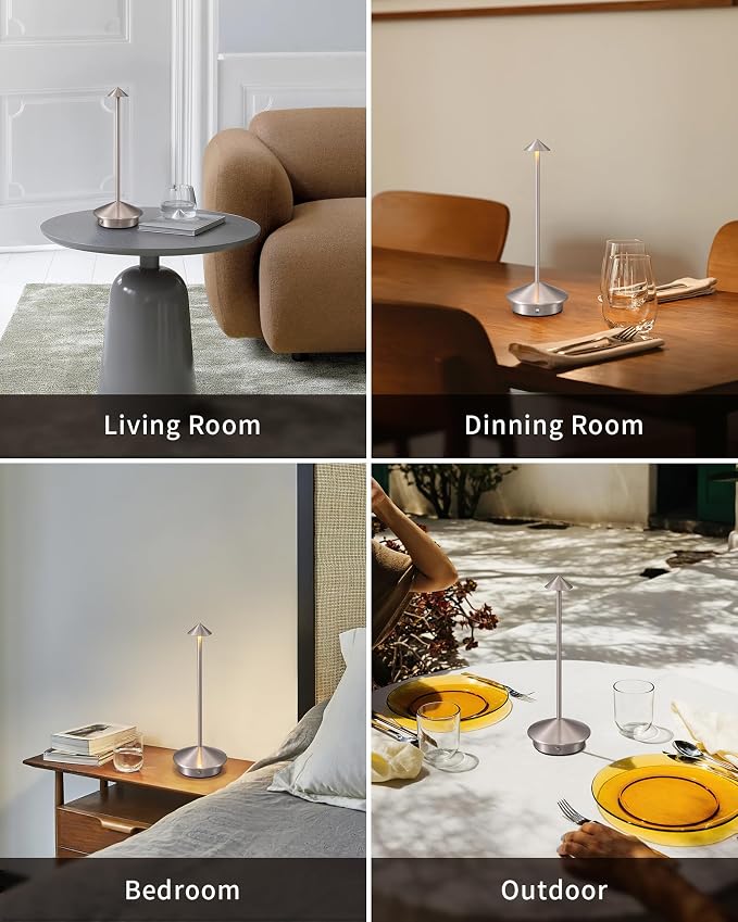 Modern Cordless Table Lamp Set of 2, Brushed Nickel LED Desk Lamps | 5000mAh, Rechargeable, Battery Operated Lighting for Bedroom, Dining Room, Restaurant, Coffee Shop, Camping, Night Light