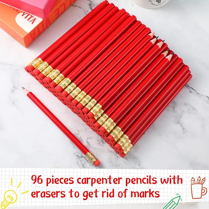Fainne 96 Pcs Jumbo Pencil with Black Core Cedar Wooden Pencil with Eraser for Carpenters Students Teachers School Construction Woodworkers Beginners Office Workers(Red,Classic)