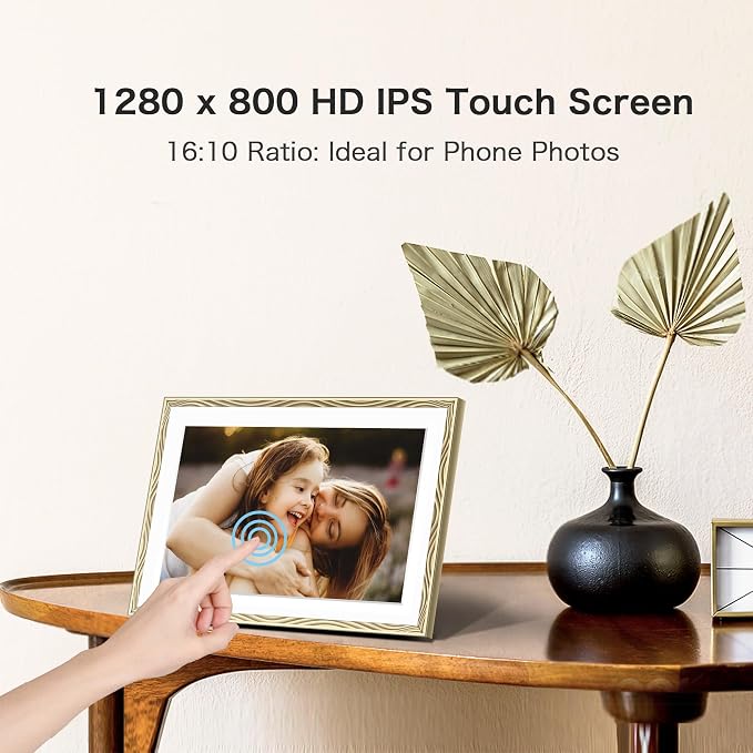 Frameo 10.1'' Digital Picture Frame WiFi, 1280 * 800 HD Touch Screen, 32GB Memory, Wall Mountable Digital Photo Frame, Auto-Rotate, Share Instantly, Wedding, Birthday Gifts for Mom, Gold