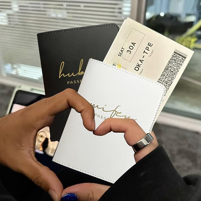Mr&Mrs Gifts Matching Passport Holders for Bride and Groom, Hubby&Wifey Gold Foil Logo, Dual PU Leather with Card Pockets, Honeymoon Travel Essentials Gift for Newlyweds(HW Black White)