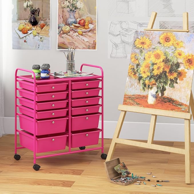 COSTWAY 12-Drawer Rolling Storage Cart, Moveable Art Craft Organizer | Lockable Wheels, Metal Shelf, Files Arrangement Tools Makeup Storage Cart for Office, Home, School (Hot Pink)