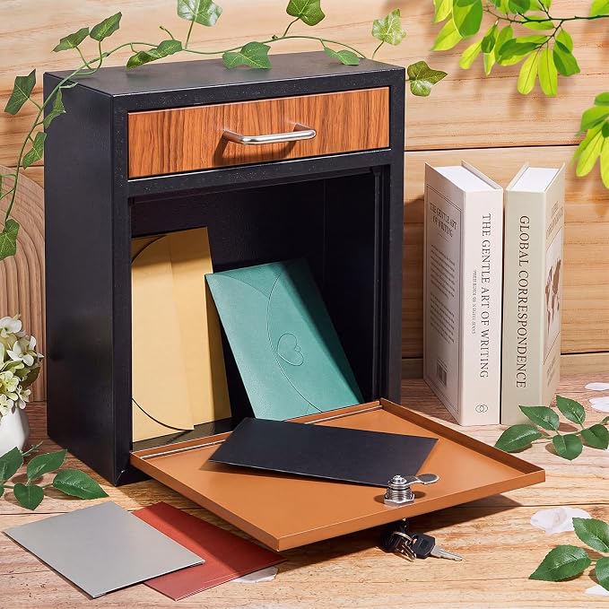Yaocom Locking Mailbox with Key for Outdoor 12 x 10.5 x 4.7 Inches Large Wall Mount Mail Box with Lock Security Mail Drop Metal Collection Boxes Hanging Secure Postbox(Wooden)