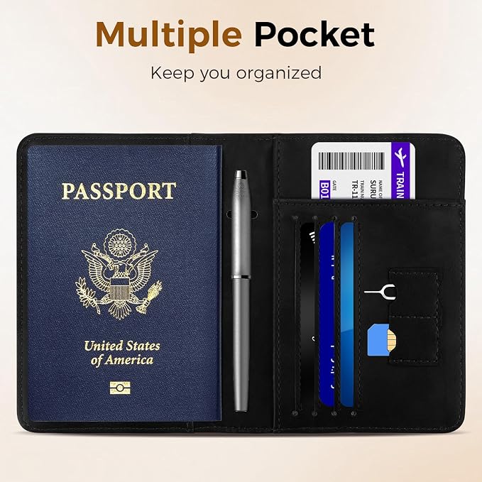Passport Holder Travel Women Men, Passport Wallet with Airtag Slot, Black | RFID Blocking PU Leather Passport Holder Cover Case with Card Holder, Pen Slot
