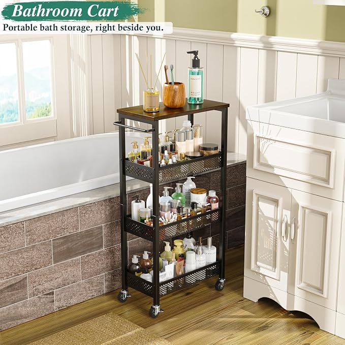 OKZEST 4-Tier Slim Rolling Storage Cart for Bathroom, Laundry Room, Kitchen | Upgraded metal hub casters, Narrow utility cart for small space/gaps, Premium wood top & metal mesh shelf, with handle & hook