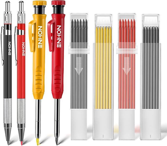Enhon 4 Pack Carpenter Pencil Set with Sharpener, Black/Red/Yellow | 45mm Deep-Reach Tip, 36 Refill Leads, 2mm & 2.8mm Lead Sizes, Durable Construction, Pocket Clip, Multi-Surface Drawing