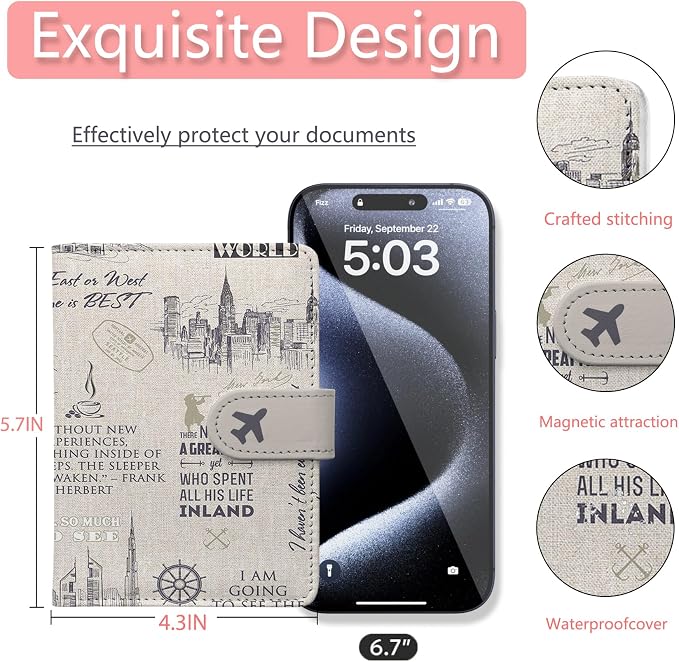 Passport Holder, Cute Travel Wallet Cover with RFID Blocking,Travel | PU leather travel wallet with magnetic closure, card slots, pen loop, and easy access for passports and essentials.