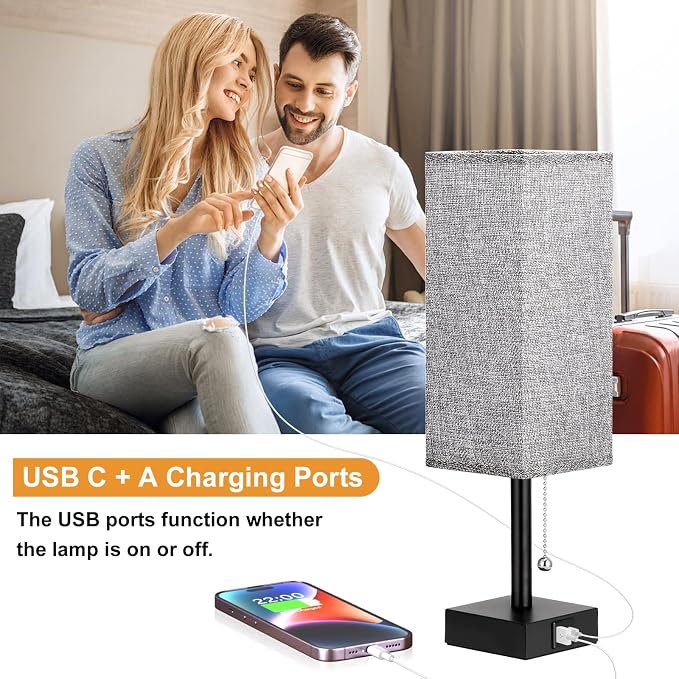 Set of 2 Grey Bedside Table Lamps for Bedroom - Nightstand Lamp, USB C+A | Pull Chain Lamp, 3 Color Modes(3000K/4000K/5000K), E26 LED Bulb Included, Square Grey Fabric Lampshade, for Read, Work, Dorm