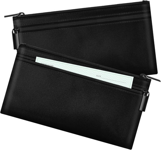 HAUTOCO 2 Pack Money Bag with Zipper 11x6.1 inch Money Pouch with Lined PU Leather Bank Bag Two Pockets Utility Wallet for Cash Check Receipt Coins Cosmetics