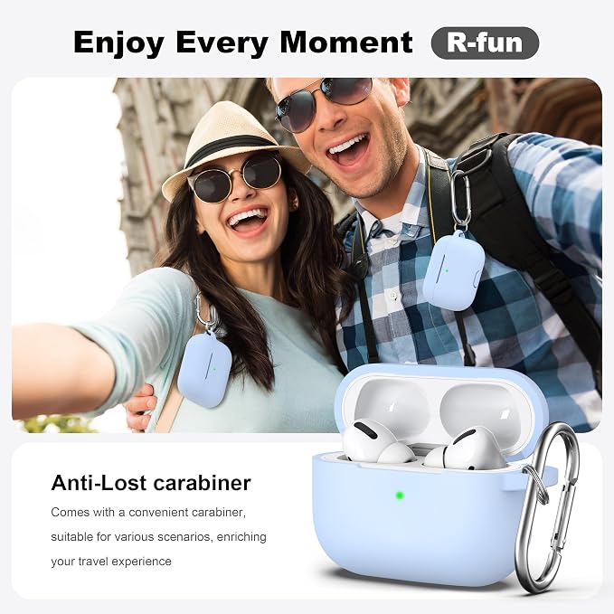 R-fun for AirPods Pro 2 Case, Soft Silicone Protective Cover with Keychain and Cleaning Pen, Compatible with AirPods Pro 2nd/1st Generation, Supports Wireless Charging, Sky Blue