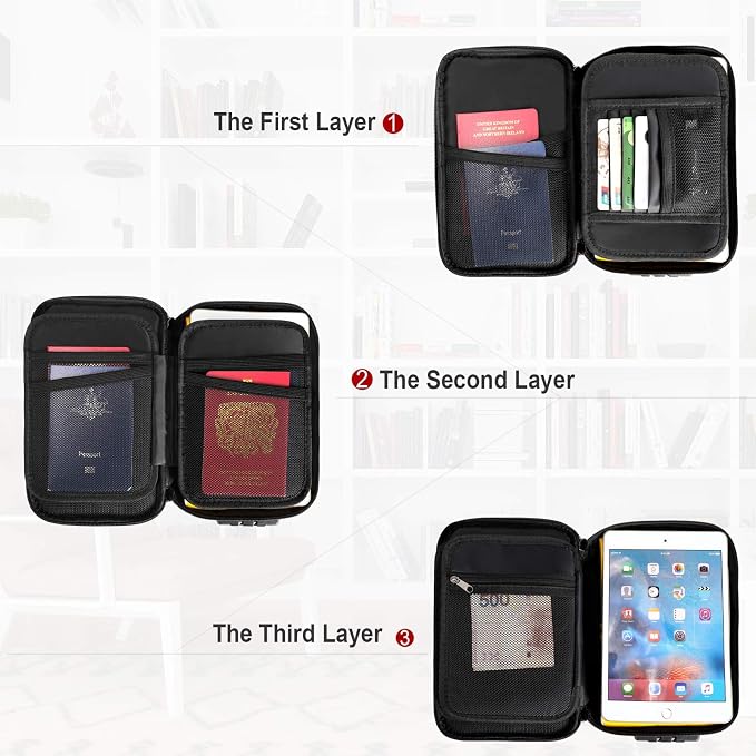 ENGPOW Small Fireproof Storage Organizer Case with Lock, 9”x 5.3”x 3.7” | Money Safe Wallet Carrying Bag with Multi-Pocket, Portable Home Travel for Cash,Card,Passport,Coin,Check,Bill,Soft Box,Black