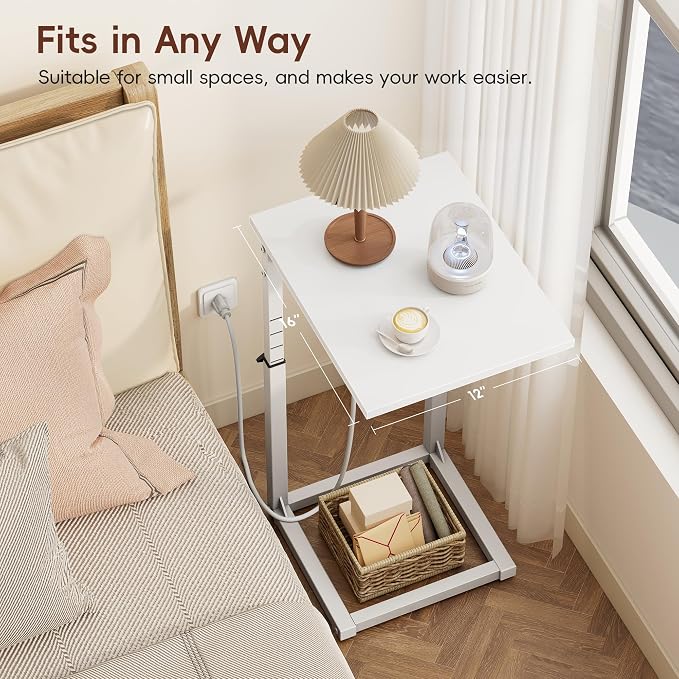 C Shaped End Table with Charging Station, C Table End Table Adjustable Height Sofa Table, Side Table for Couch, Couch Table that Slide Under, TV Tray Arm Table for Living Room,Bedroom, White