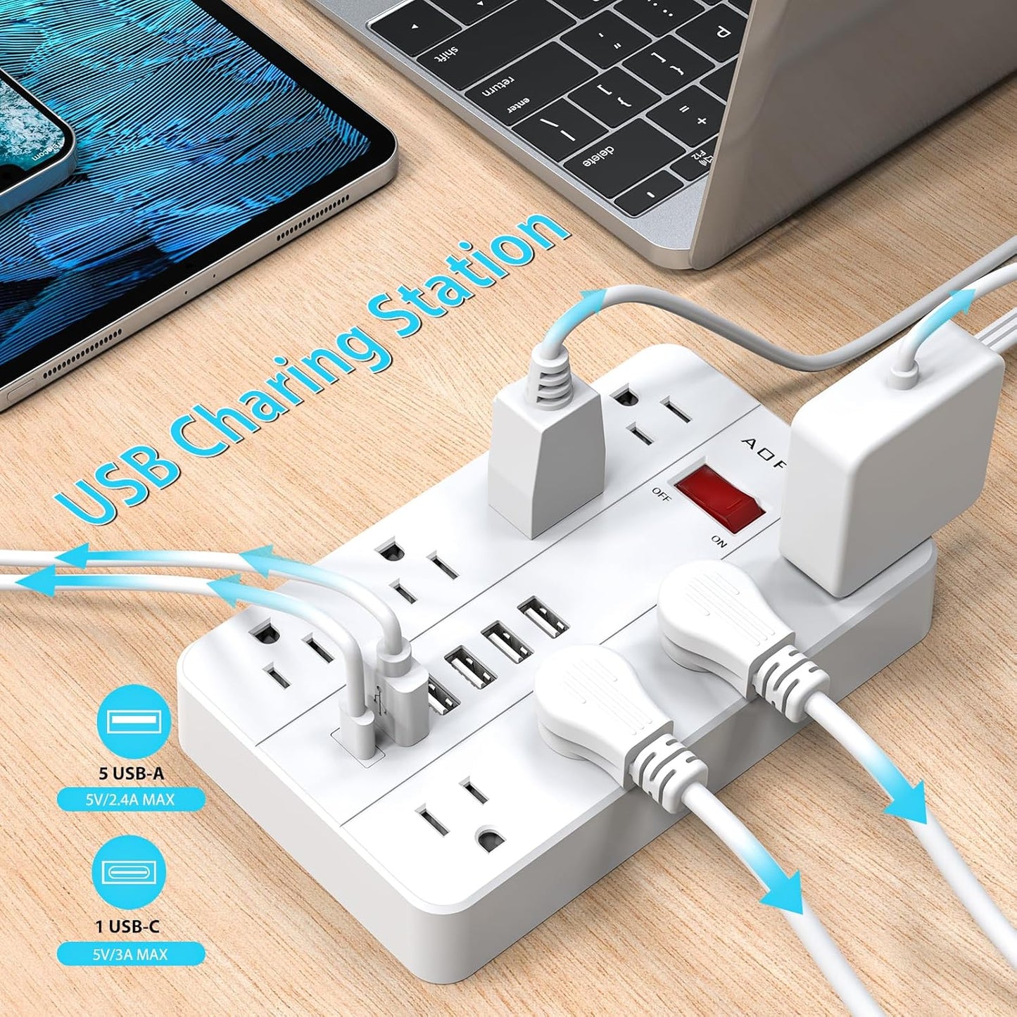 15ft Extension Cord Long Power Strip,AOFO 8 Widely-Spaced Outlets & 6 USB Ports Flat Plug Power Strip,Power Cord for Wall Mountable and Desktop White