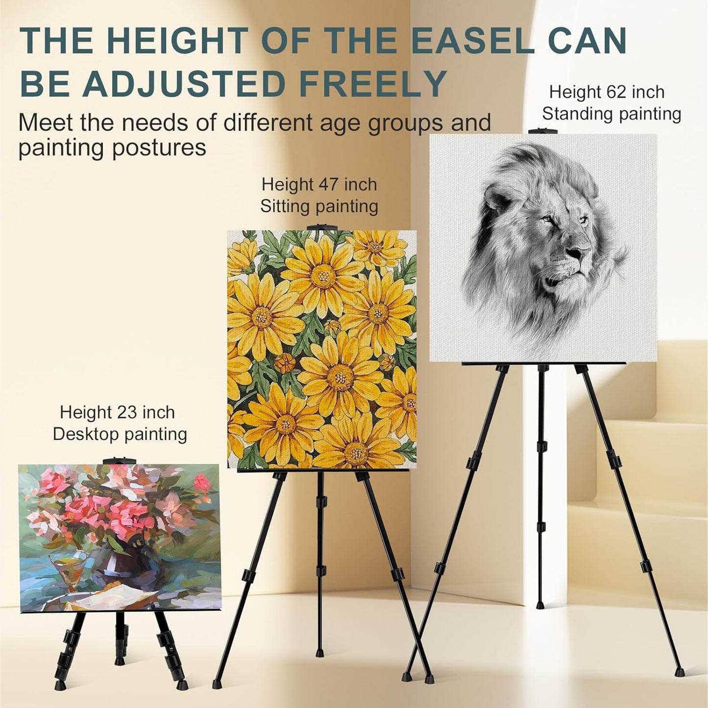 AROIC 4 Pack Art Painting Display Easel Stands,Portable Adjustable Aluminum Metal Tripod Artist Canvases Height from17 to 66 Inch Extra Sturdy forTable-Top/Floor Painting. Black with 4 Storage Bag