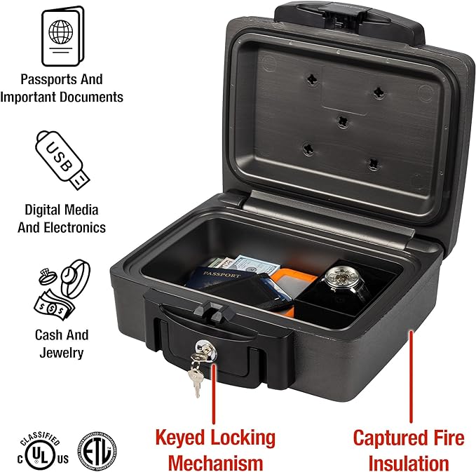 SentrySafe Fireproof and Waterproof Safe, Black Portable Lock Box with Key Lock and Carrying Handle for Money, Passport, Exterior: 14.3 in W x 13 in D x 6.1 in H, ‎H0100