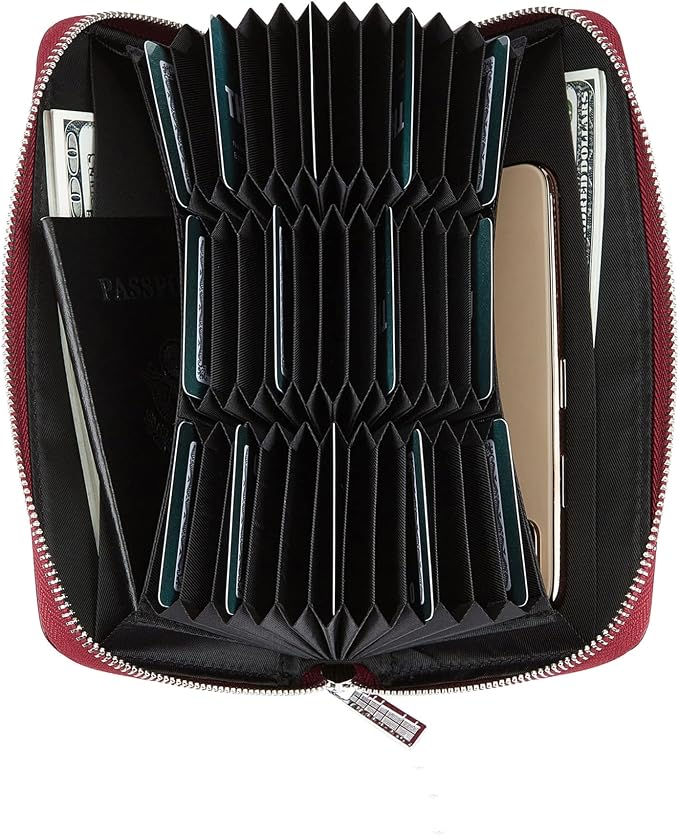 Women 36 Slots RFID Blocking Card Holder Large Long Leather Zipper Organizer Accordion Wallet,Dark Red