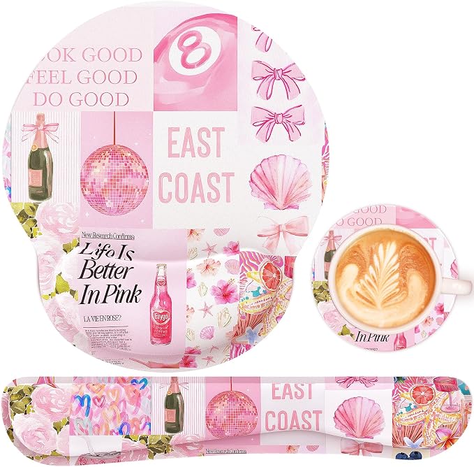 Ergonomic Mouse Pad with Wrist Rest and Keyboard Wrist Rest, Mousepad | Memory Foam Wrist Rest for Computer Keyboard, Pain Relief, Non-Slip Base, Mouse Pad Wrist Support for Gaming, Pink Collage