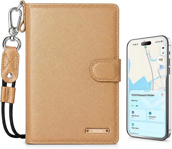 Trackable Passport Holder for Travel, RFID Blocking Wallet, Brown | Rechargeable PU leather cover works with Apple Find My and is Apple MFi certified; it includes card storage and a lanyard.