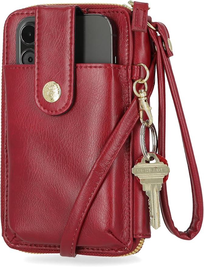 Mundi Jacqui RFID Crossbody Wallet for Women, Vegan Leather Small Travel Handbag with Phone Holder, Compact Organizer with Card Slots and Removable Strap, Vacation Purse in (Red)