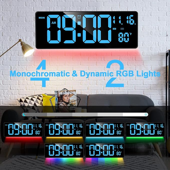 XREXS Digital Wall Clock Large Display, 16.5" LED Wall Clock with 6 Color Changes Night Lights, Auto DST, Count Up/Down Timer with Remote Control for Living Room Bedroom Office Wall Decor