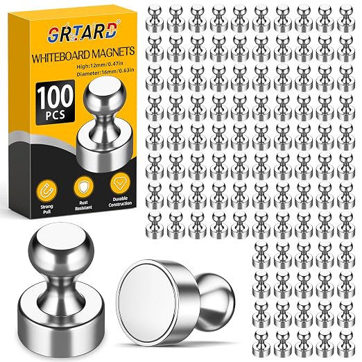 100 Pack Magnets for Whiteboard, Silver Magnetic Push Pins | Whiteboard Magnets, Fridge Magnets, Small and Strong Push Pin Magnet, Sticky Note Holder for Office, School, Refrigerator