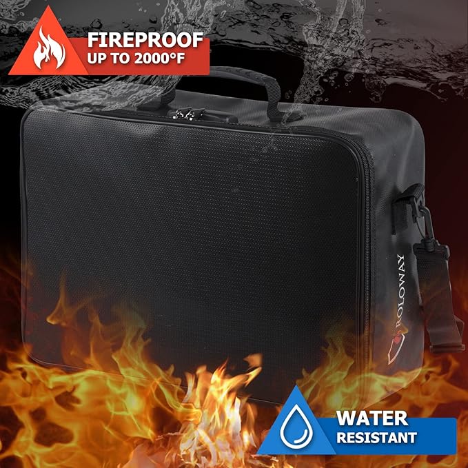 ROLOWAY Fireproof Document Bag with Lock (17 x 11.8 x 5 inch), Important Document Storage Bag with Multi-Layer File Organizers (Black)