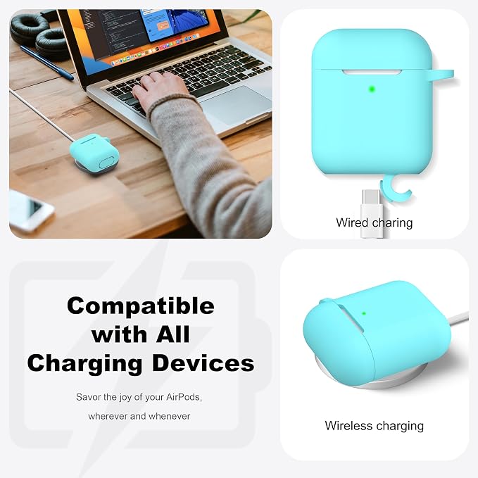 R-fun for AirPods 1/2 Case, Soft Silicone Protective Cover with Keychain and Cleaning Pen, Compatible with AirPods 2nd/1st Generation (2016/2019), Full Drop Protection Cover, Teal