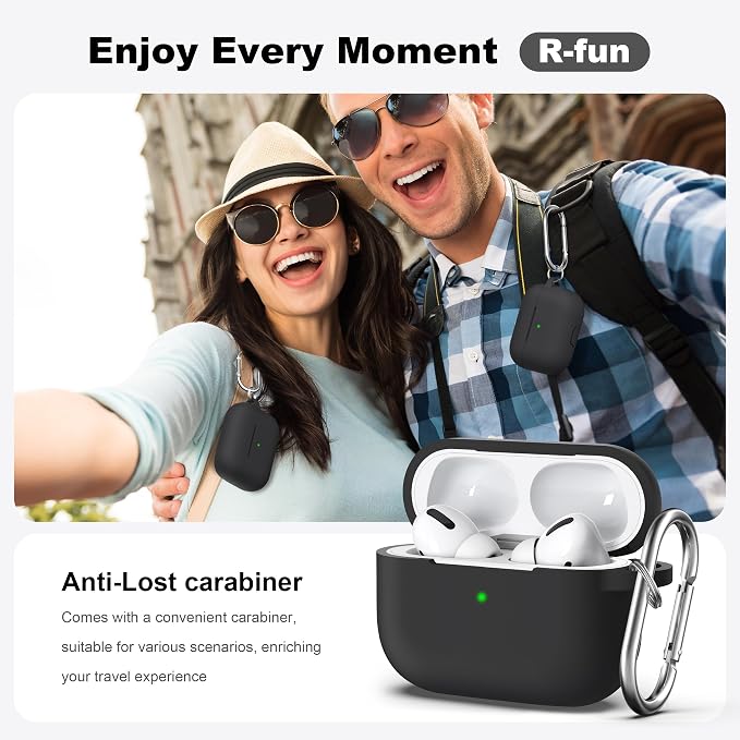 R-fun for AirPods Pro 2 Case, Soft Silicone Protective Cover with Cleaning Kit & Keychain, Support Wireless Charging, Compatible with Apple AirPods Pro 2nd/1st 1st Generation, Black