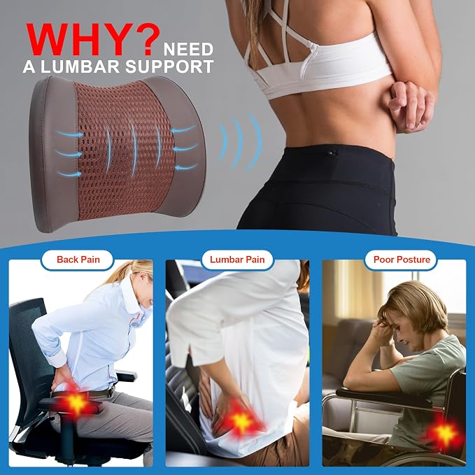 Lofty Aim Lumbar Support Pillow for Car, Car Seat Back Support for Driving | Memory Foam Car Lumbar Support for Driving, Car Back Cushion, Adjustable Straps, Lower Back Pillow, Breathable 4D Mesh, Brown