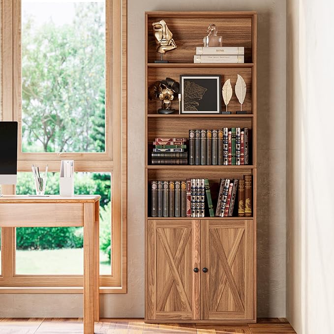 IRONCK Industrial Bookshelves and Bookcases with Doors Floor Standing 6 Shelf Display Storage Shelves 70 in Tall Bookcase for Home Office, Living Room