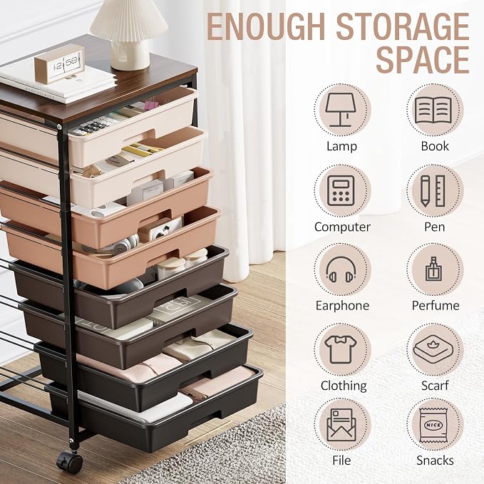 TOOLF Rolling Storage Cart with 8 Drawers,Brown | Utility Cart on Wheels with Wooden Tabletop,Teacher Organization for Classroom, Art Cart for Office,Bedroom,Craft Room